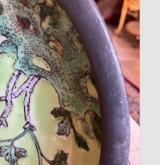 Japan Porcelain Metal Encased Bowl 8” Painted Hong Kong Pink Floral & Green Vtg - Picture 4 of 7